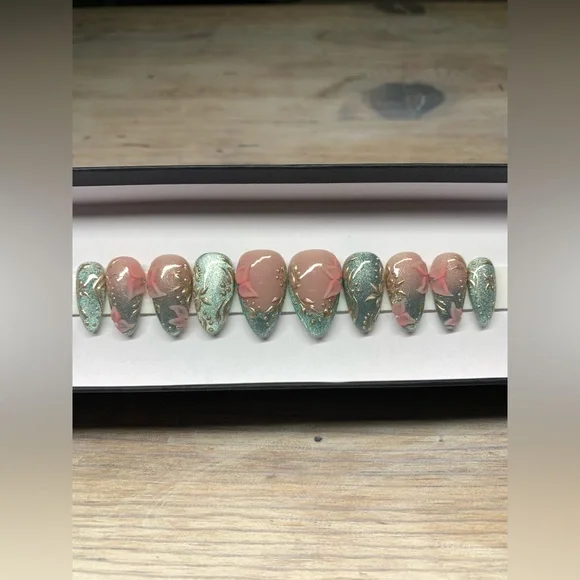 Elegant Almond Cat Eye Press-On Nails with Gold Chrome Filigree and Flowers
